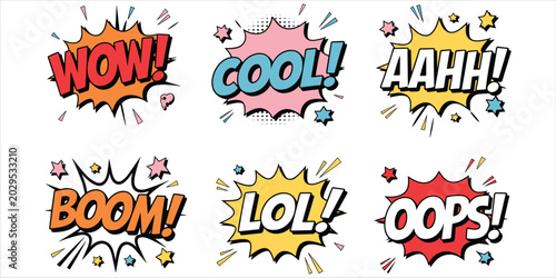 Bild auf Leinwand Six Comic Book Style Speech Bubbles with Exclamations WOWCOLAHABOMLOLOPS cool