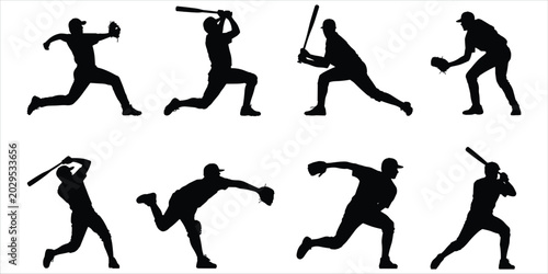 Fotografie Eight Black Silhouettes of Baseball Players in Action on White Background vector