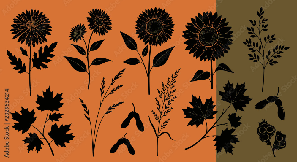 Obraz premium Collection of Autumn Botanical Silhouettes Featuring Sunflowers, Maple Leaves, and Field Grasses for Seasonal Design