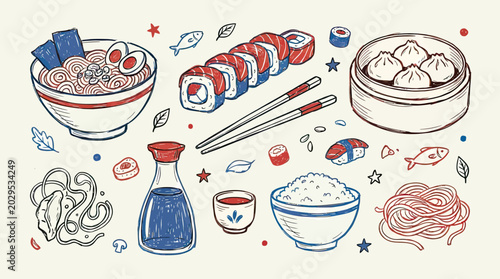 Asian Food Vector Illustration with Ramen, Sushi, Dim Sum, and Soy Sauce Sketch Collection