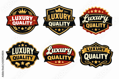 Luxury quality badges set in vintage style, presenting premium design elements for product labels and emblems