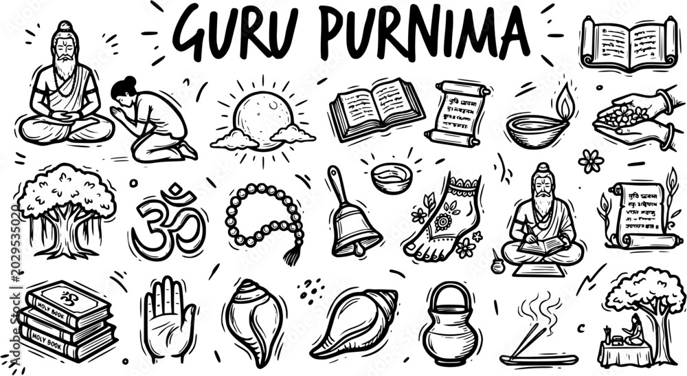 Fototapeta premium Guru Purnima Doodle Icons - Indian Culture, Spirituality, Gratitude, Tradition, Line Art