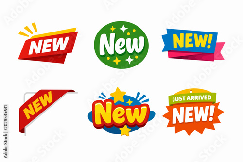 New labels and arriving badges collection. Marketing stickers for product launches, promotions, and sales campaigns