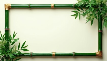 Green bamboo frame with gold accents and fresh leaves. Natural border design for cards invitations or spa wellness themes. Simple elegant backdrop for text.