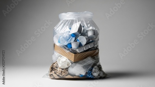 Full transparent plastic trash bag overflowing with various recyclable materials including plastic cups, cardboard, and aluminum trays against a neutral background.
