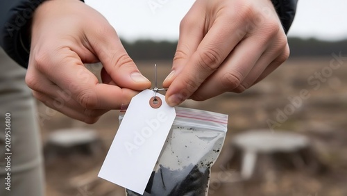 Hands attaching a blank white tag to a clear plastic bag filled with dark soil, representing scientific research or environmental sampling