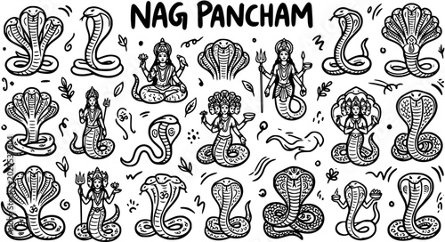 Fotografía Nag Pancham, Hindu Snake Deity, Cobra, Serpent Gods, Indian Culture, Line Art