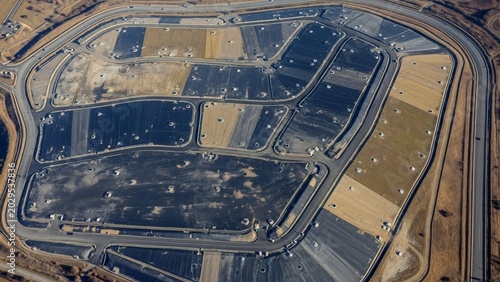 Industrial evaporation ponds with dark water and light sediment sections adjacent to highway