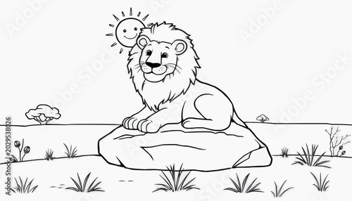 Cartoon lion sitting on a rock in a sunny landscape with grass and trees