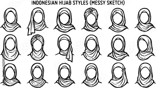 Photos Indonesian Hijab Styles Collection: Hand-drawn Black  White Line Art Sketch of D