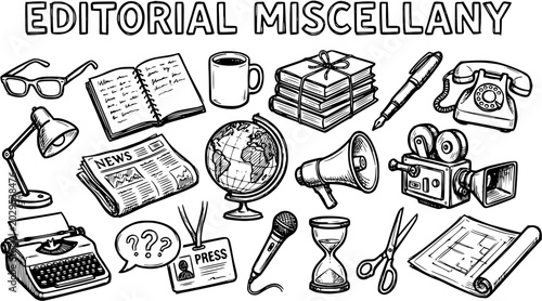 Editorial Miscellany Hand-Drawn Black  White Line Art Vector Set. Journalism, News, Media  Communication Tools Collection on White.
