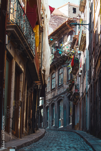 Narrow Cobblestone Street in the Historic Center of Porto