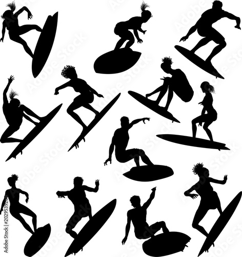 Canvas Print Surfer surfboard boarding male and female surfers surfing silhouette outlines