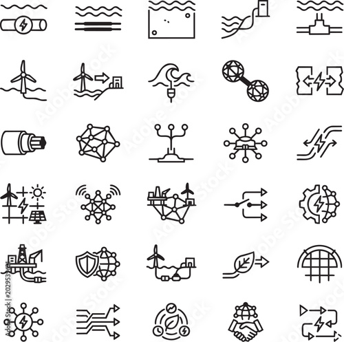 Subsea Power Cables Line Icons Set – 30 Minimal Black Outline Vector Icons for Offshore Energy, Underwater Transmission & Smart Grid Infrastructure