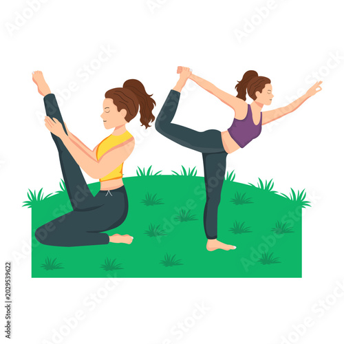 Partner Flexibility Yoga Flat Vector Illustration
