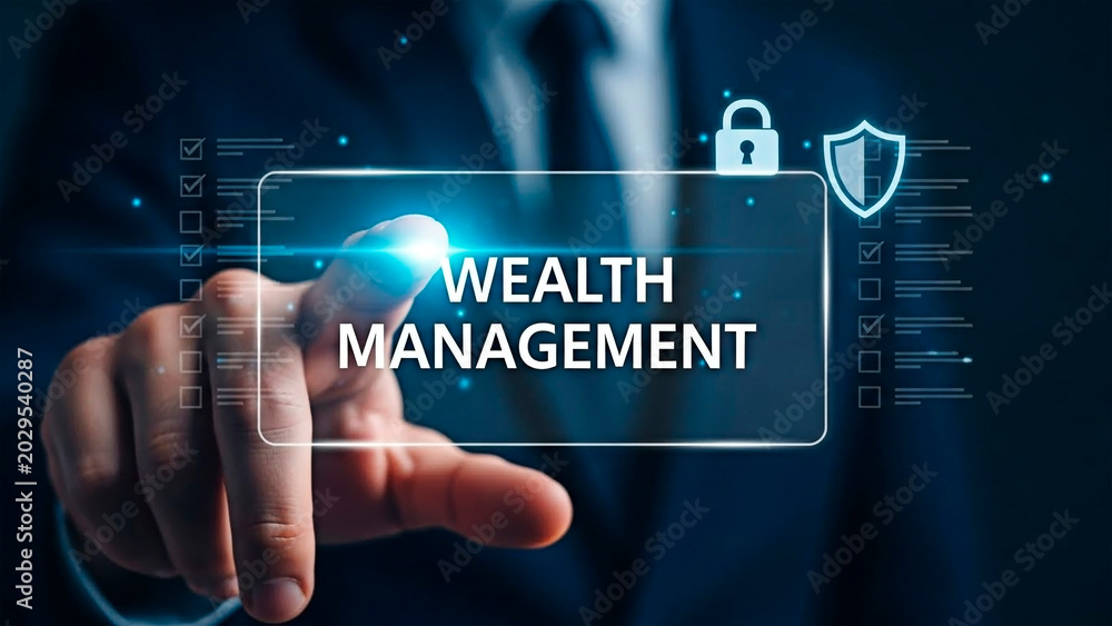 Obraz premium A businessman's hand touches a virtual screen displaying WEALTH MANAGEMENT with security icons for the concept of financial security and investment.