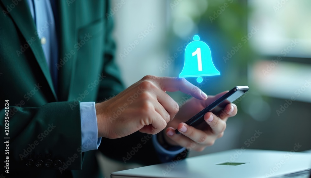 Fototapeta premium Man in suit uses smartphone. Blue bell icon appears on screen. Shows new alert or message notification. Digital communication and tech concept.