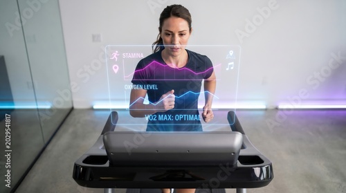 Smart Fitness and Wearable Tech Concept: Woman Running on High-Tech Treadmill with Holographic VO2 Max Training Screen