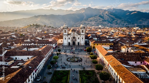 Aerial view of the white colonial cathedral in Popayan Colombia during sunset.