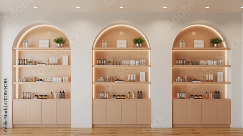 A modern retail display wall with three illuminated arched display shelves against a white wall