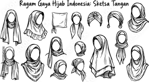 Foto Black  White Hand-drawn Sketch Line Art: Diverse Indonesian Hijab Styles - A Fas
