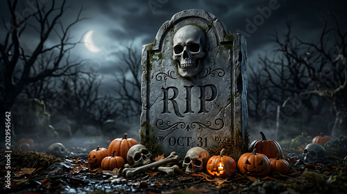 Eerie Halloween Night Skull Gravestone, Glowing Pumpkins, Ancient Trees Under a Crescent Moon