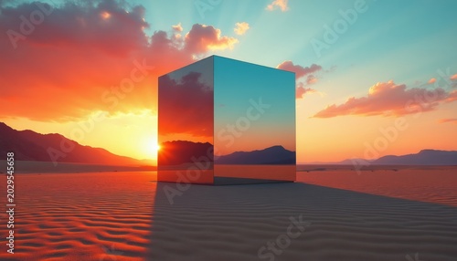 Mirrored cube stands in barren desert sand dunes at sunset. Sun setting behind mountains reflects on its surface. Sky ablaze with orange clouds.