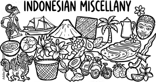 Foto Indonesian Culture and Travel Miscellany Line Art Illustration