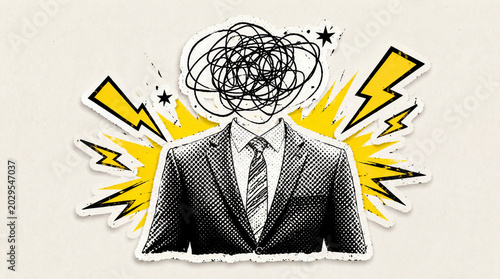 Pop Art Halftone Businessman with Chaotic Scribble Head Sticker Illustration, Workplace Stress and Mental Overload, Torn Paper Collage Element, Retro Magazine Style Graphic