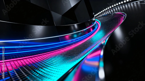 Futuristic luxury SUV electric car with colorful neon light trails on black background, 3D illustration.