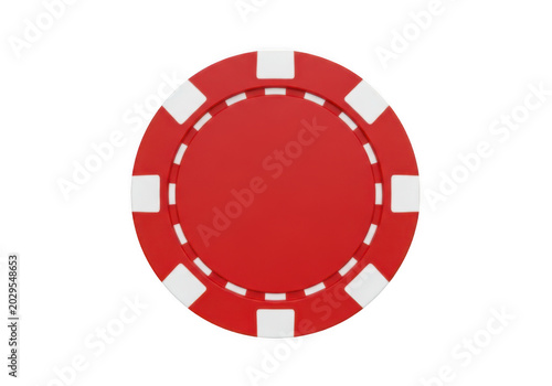 A single red casino poker chip with white markings seen from above isolated transparent png.