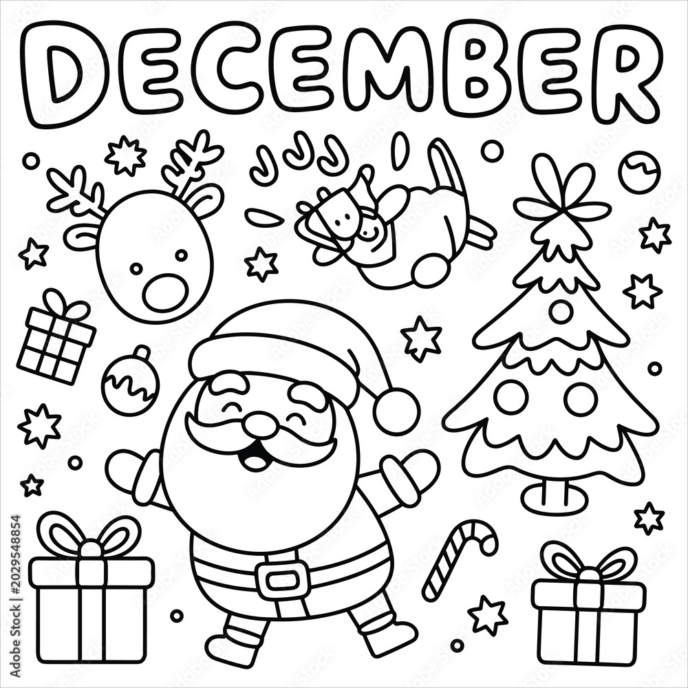 Fototapeta premium December coloring page with santa claus, reindeer, christmas tree, and gift boxes