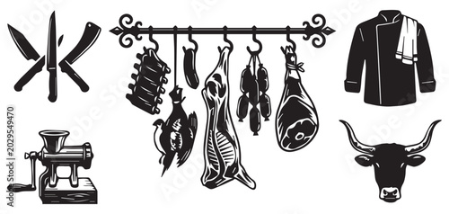 Butcher Shop Icons: Meat Knives Grinder Chef
