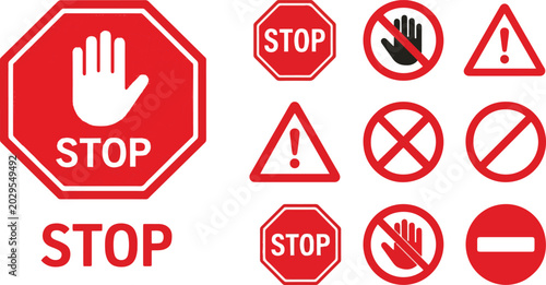 Canvastavla Red stop sign collection with hand gesture icons, prohibition symbols and warnin