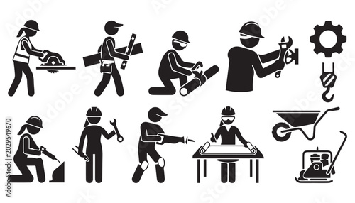 Obraz na płótnie Construction Worker Stick Figures with Tools and Equipment