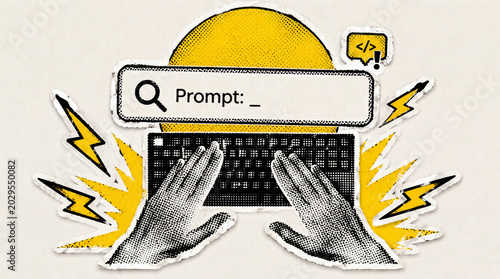 Pop Art Halftone AI Prompt Writing Sticker Illustration, Generative Technology Workflow, Torn Paper Collage Element, Retro Magazine Style Graphic