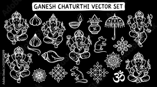 Foto Ganesha Chaturthi Festival Black and White Line Art Vector Set: Hindu God Ganesh
