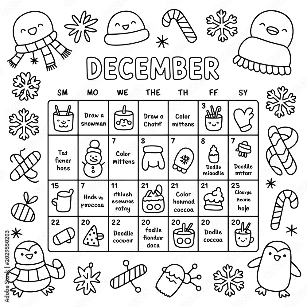 Fototapeta premium December doodle calendar coloring page with winter