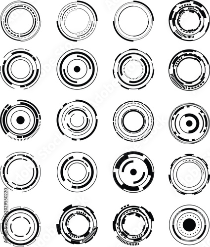 black and white circle line icon set