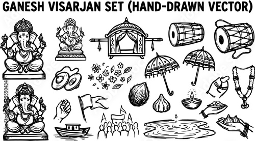 Photos Ganesha Visarjan Hand-Drawn Vector Set