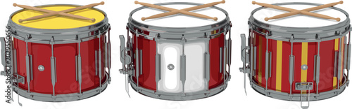 Photos Red Snare Drum Vector Set with Wooden Drumsticks for Marching Band, Music Educat