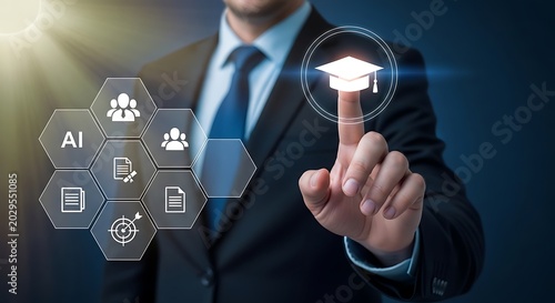 Businessman's finger touching graduation cap ai and business in honeycomb hand pressing
