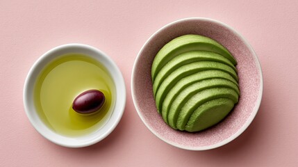 Sliced avocado arranged in a bowl next to a small dish of olive oil with a single black olive on a pink background