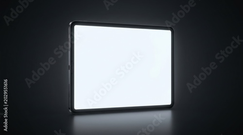Sleek tablet mockup with glowing blank white screen stands on a dark reflective surface under dramatic studio lighting, ideal for high-tech digital product presentation and copy space.