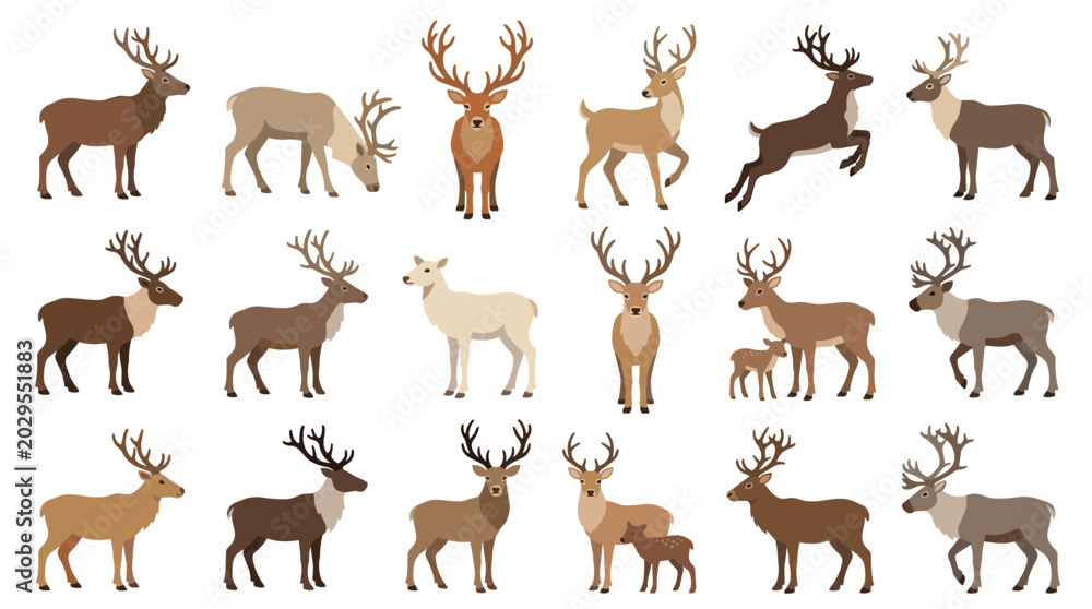 Fototapeta premium Diverse Herd of Reindeer Collection Various Poses and Colors Isolated on White Background