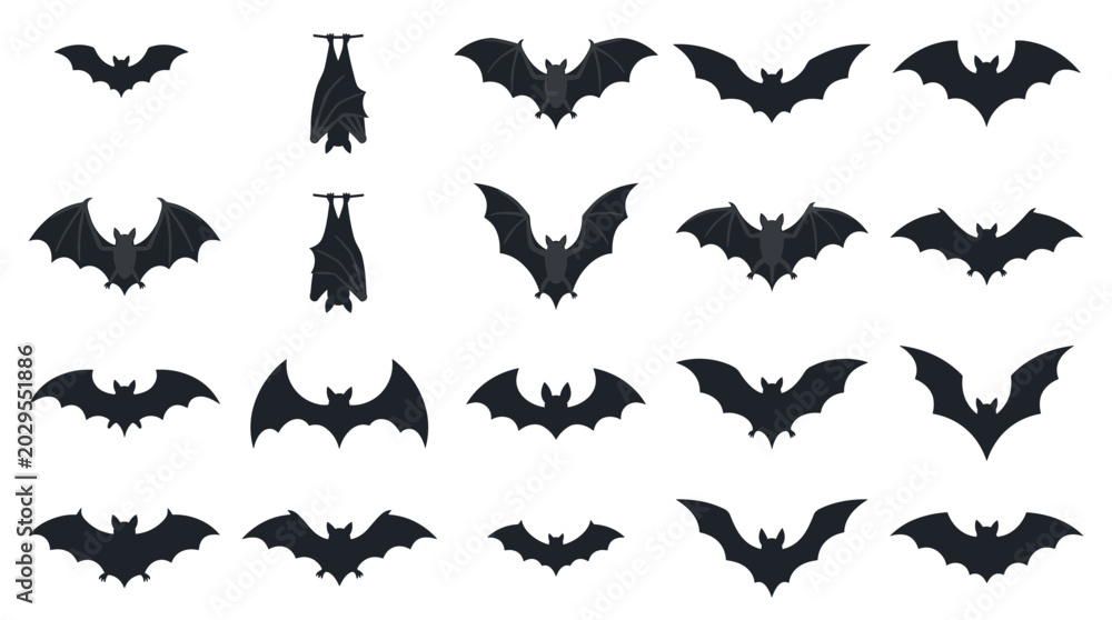 Fototapeta premium Collection of Silhouette Bat Icons for Halloween and Spooky Themes