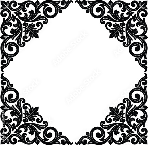 An ornate vintage square frame illustration featuring decorative floral scroll patterns and classic motifs.