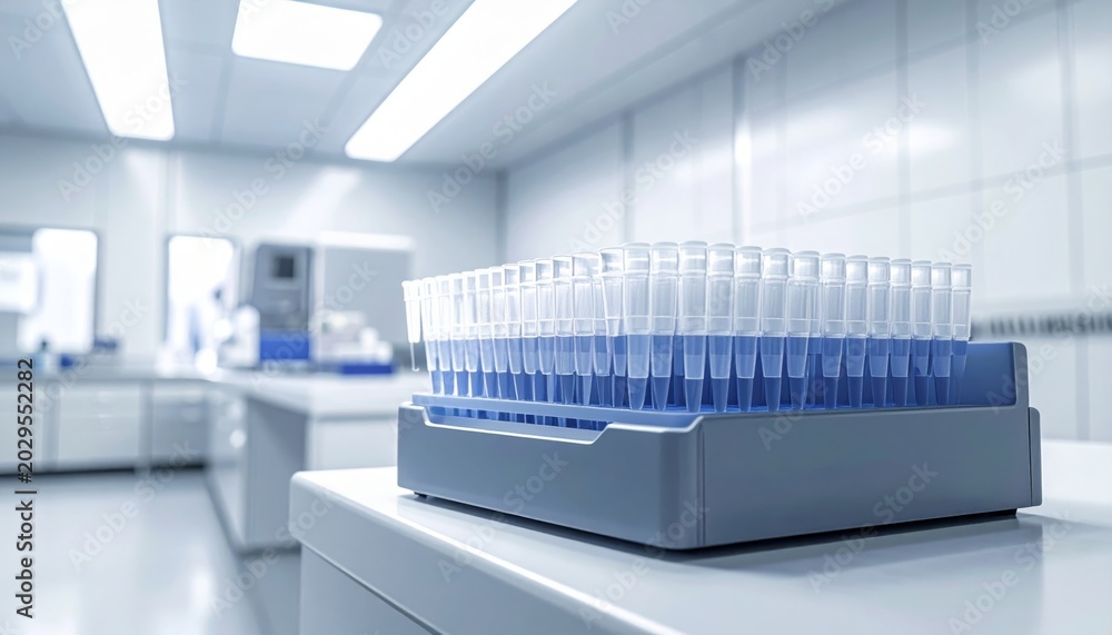 Fototapeta premium Neatly arranged sterile pipette tips in a laboratory setting