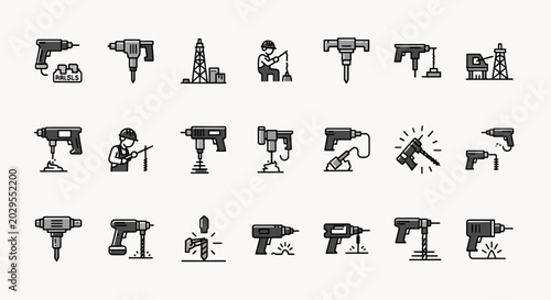 Collection of Drilling Tools and Equipment Icons Set Vector Illustrations, Construction and Industry Related Symbols