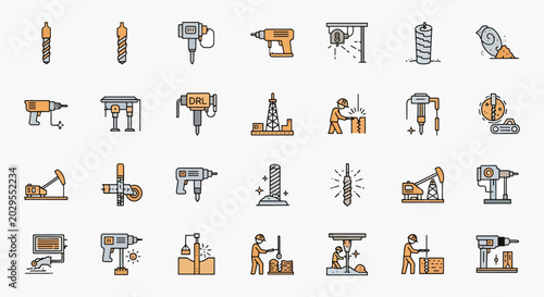 Collection of drilling and mining equipment icons for industrial and construction projects, featuring drills, rigs, and tools